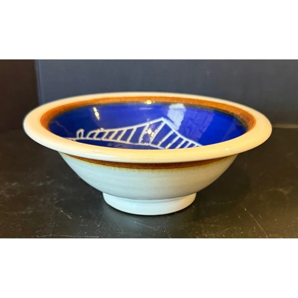 Ahna Iredale‎ Studio Pottery Bowl Blue White Sgraffito Fish Alaska Artist 6